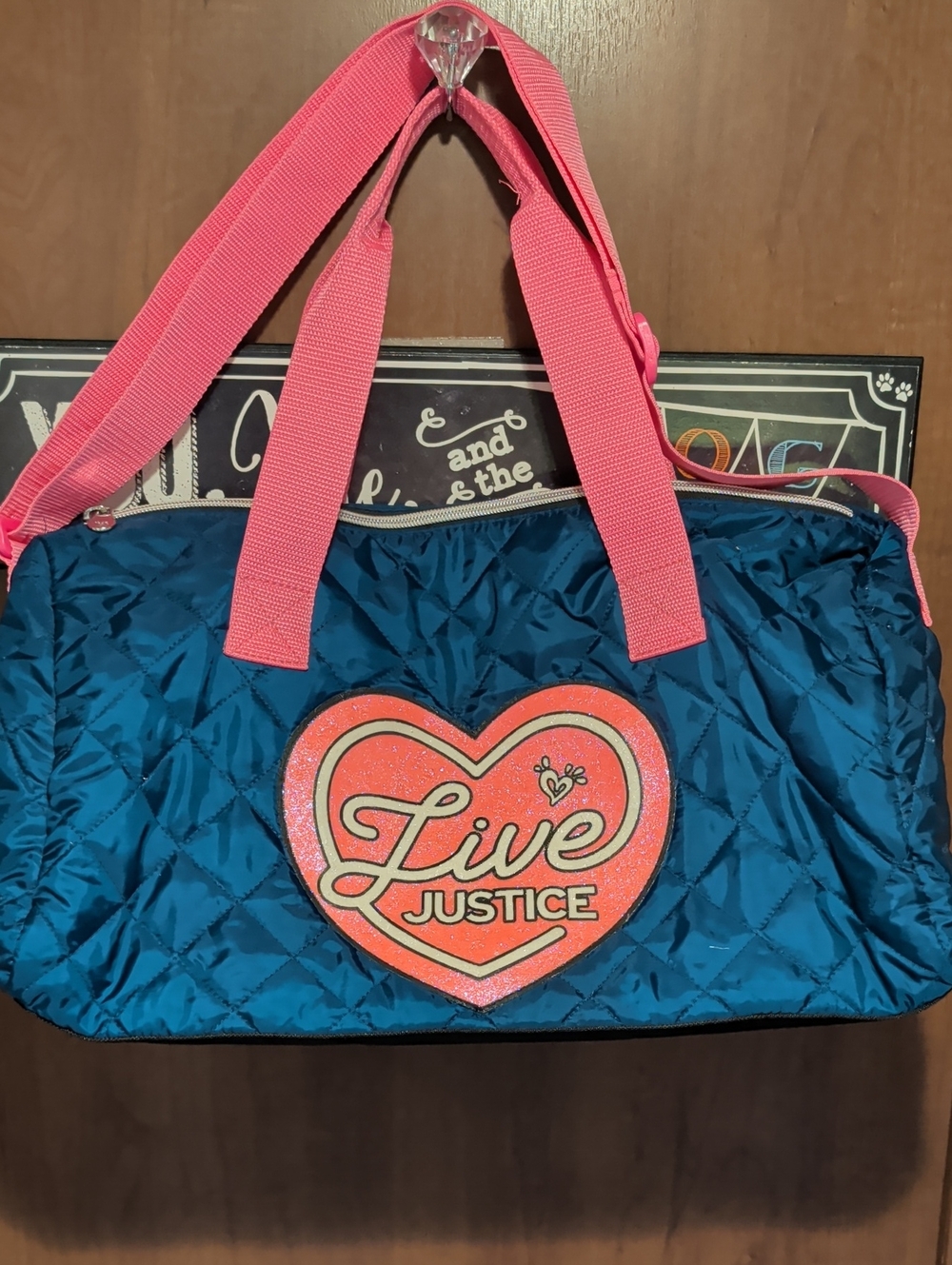 Justice Quilted Teal and Pink 'Live Justice' Kids Duffle Bag